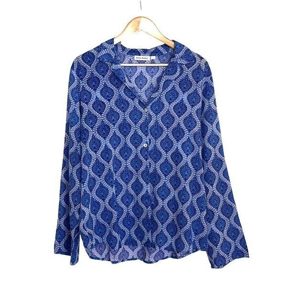Roller Rabbit Women’s Button Down Roll Tab Sleeve Top Shirt Blouse Blue Patterne - Picture 1 of 8